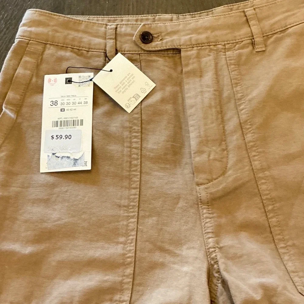 Zara Mens Tan‎ Linen Blend Utility Shorts Khaki Size 30 6861/162/183/38
